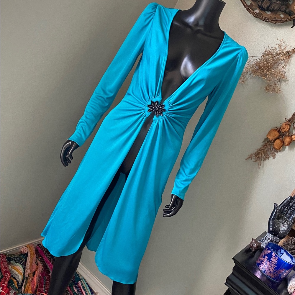 Vintage Teal Long-Sleeve Dress with Embellishment
